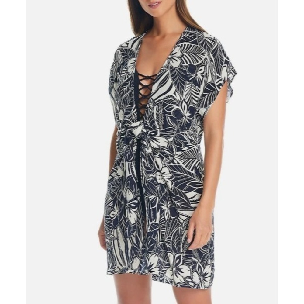 Bleu Rod Beattie Womens Black Printed SS Swim Cover-Up Wrap Top Plus 2X